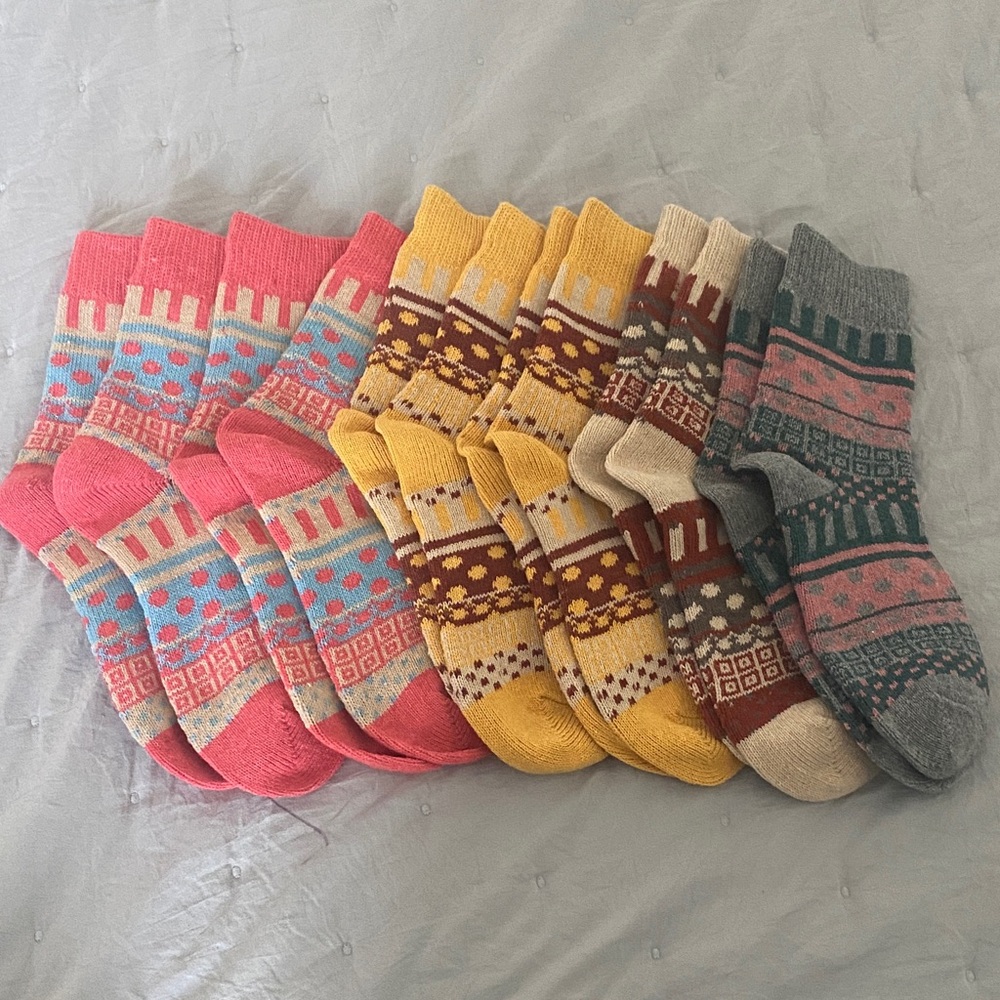NWOT Cozy Patterned Crew Socks - Pink, Yellow, Beige, Gray